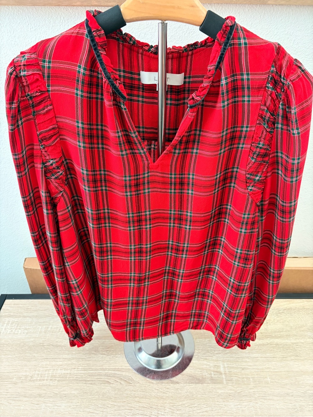 LOFT Red Plaid V-Neck Ruffle Long-Sleeve Top